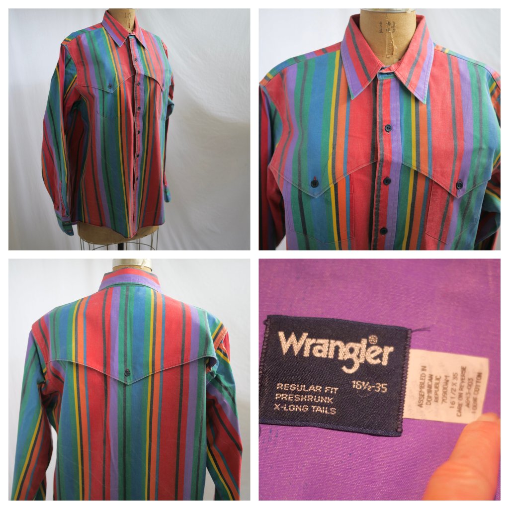 Vtg 80s Wrangler Brushpopper Western Stripe Shirt X Long Tails 16 1/2/35 Usa